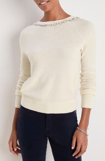 Vineyard Vines Rhinestone Embellished Wool Blend V-neck Sweater In White