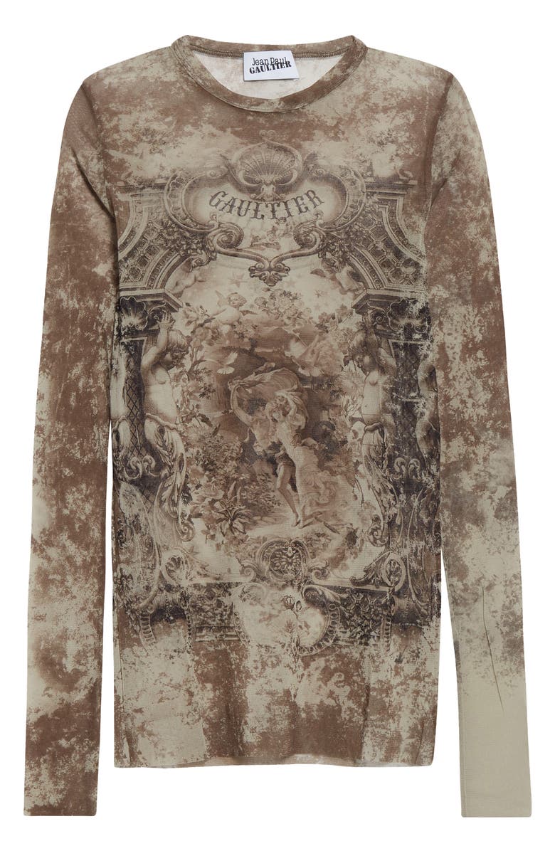 Jean Paul Gaultier Medallion Print Long Sleeve Mesh Top, Alternate, color, Light Beige/ Taupe