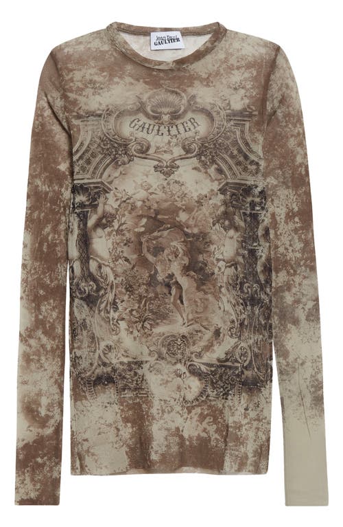 Jean Paul Gaultier Medallion Print Long Sleeve Mesh Top In Brown