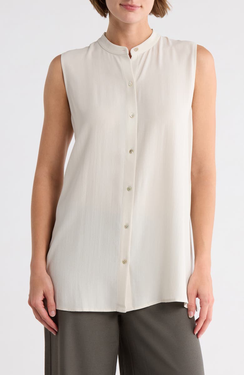 Eileen Fisher Mandarin Collar Sleeveless Silk Blouse, Main, color, Bone