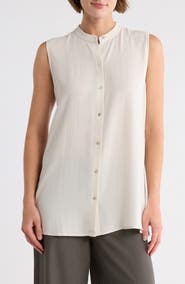 Eileen Fisher Mandarin Collar Sleeveless Silk Blouse