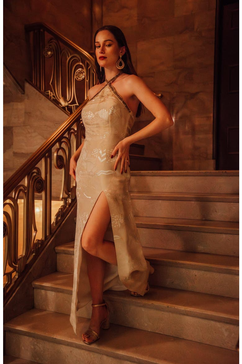 Athena Halter Gown with Slit, Alternate, color, Tan