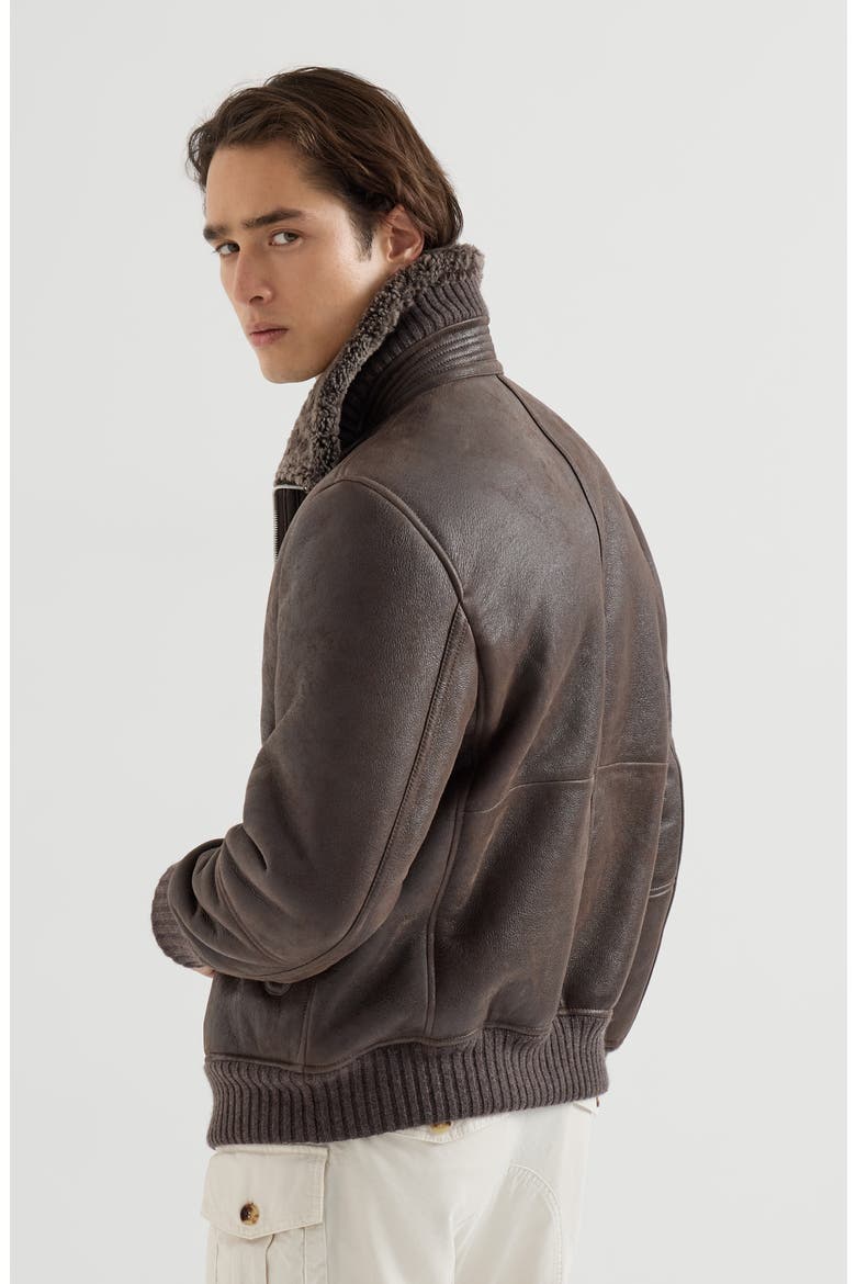 Vintage-effect shearling bomber jacket, Alternate, color, Brown