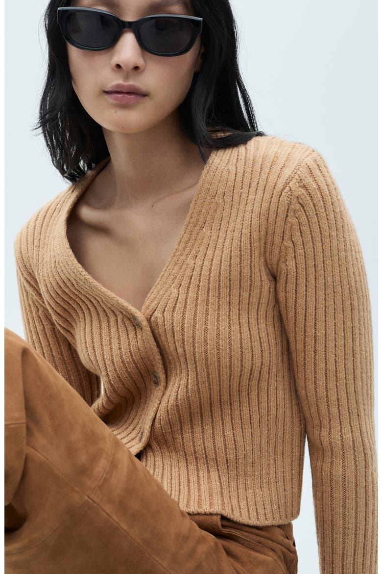 V-Neck Rib Cardigan, Alternate, color, MEDIUM BROWN