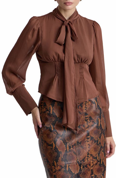 Long Sleeve Bow Tie Crinkle Crepe Top