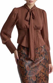 Avec Les Filles Long Sleeve Bow Tie Crinkle Crepe Top