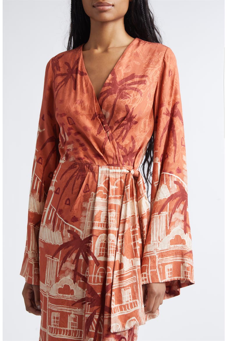 Ollantay Tropical Jacquard Long Sleeve Wrap Dress, Alternate, color, MARSALA / ECRU