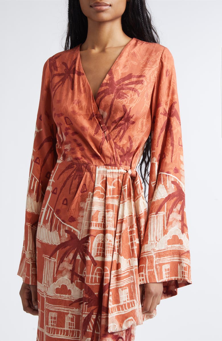 Johanna Ortiz Ollantay Tropical Jacquard Long Sleeve Wrap Dress, Alternate, color, Marsala / Ecru