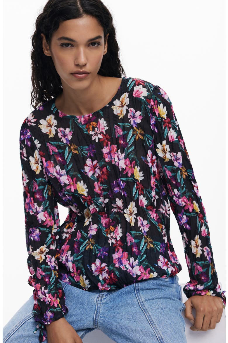 Floral Pintuck Top, Alternate, color, BLACK