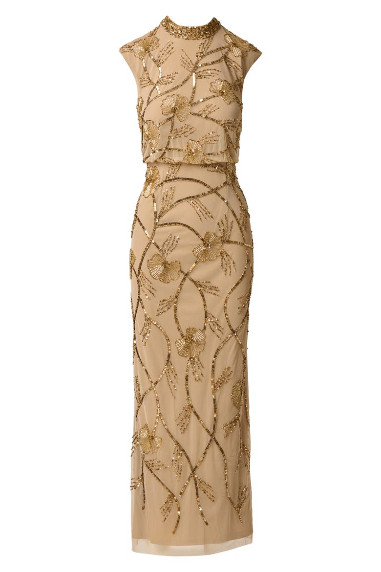 Beaded Mock Neck Sleeveless Gown, Alternate, color, GOLD
