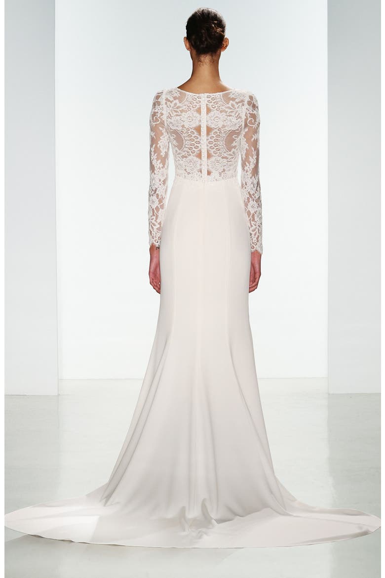 Noelle Long Sleeve Lace & Crepe Gown, Alternate, color, IVORY