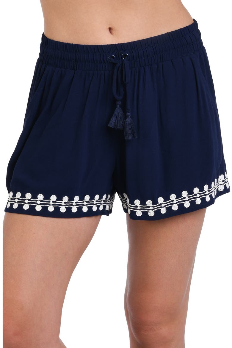 Sea Scallops Embroidered Trim Cover-Up Beach Shorts, Main, color, INDIGO
