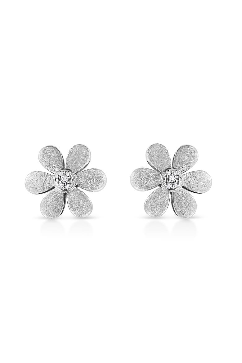 Matte Finished Silver Diamond Accent Flower Hoop Stud Earring, Main, color, White