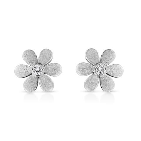 Matte Finished Silver Diamond Accent Flower Hoop Stud Earring