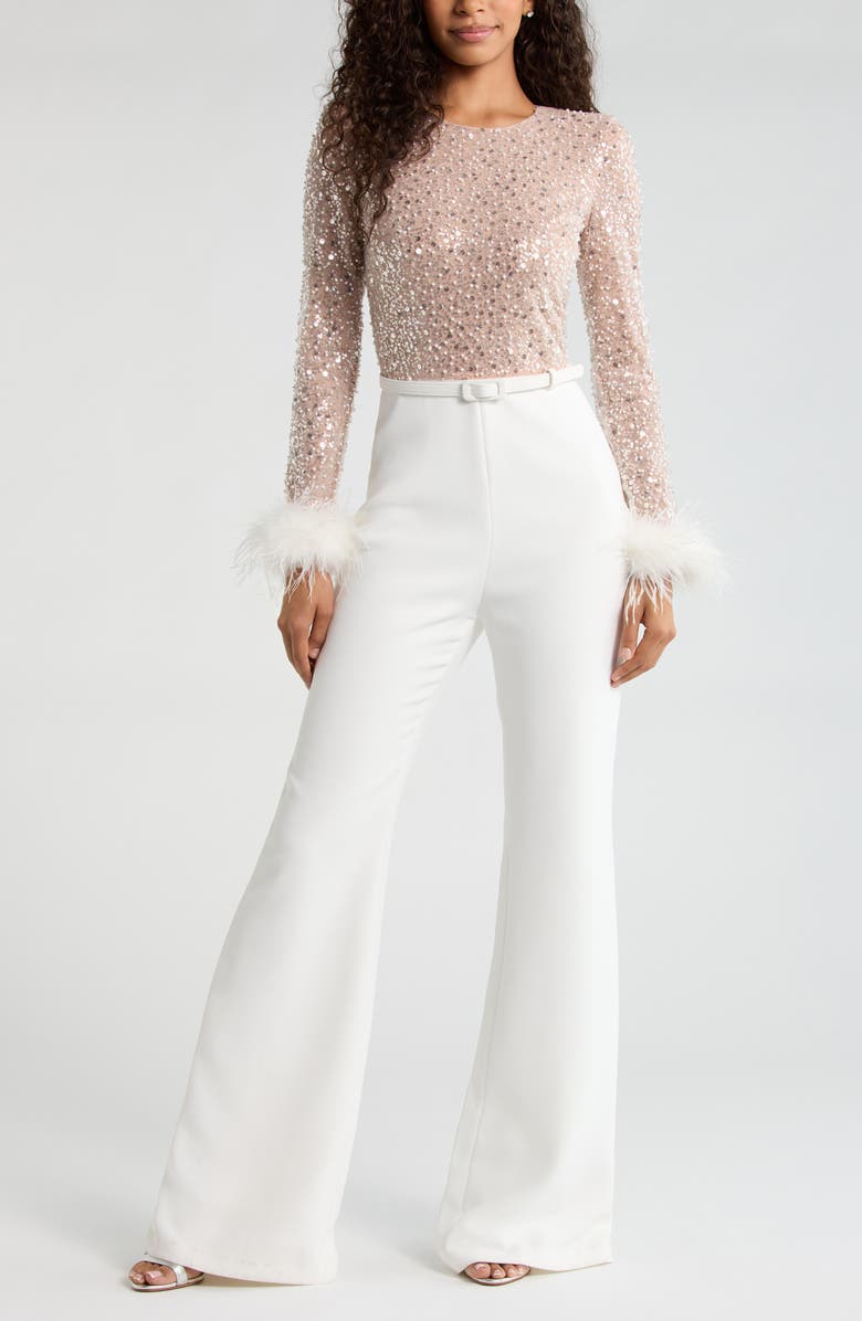 NADINE MERABI Amelia Sequin Flare Leg Jumpsuit, Main, color, White