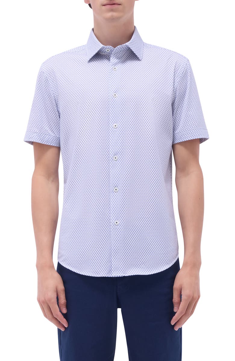 Bugatchi Miles OoohCotton<sup>®</sup> Bird Print Short Sleeve Button-Up Shirt, Main, color, Peacock