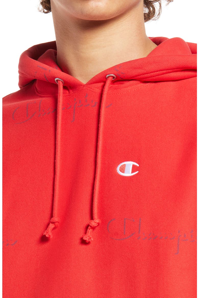 Reverse Weave® All Over Logo Hoodie, Alternate, color, SCRIPT DROP SHADOW SCARLET