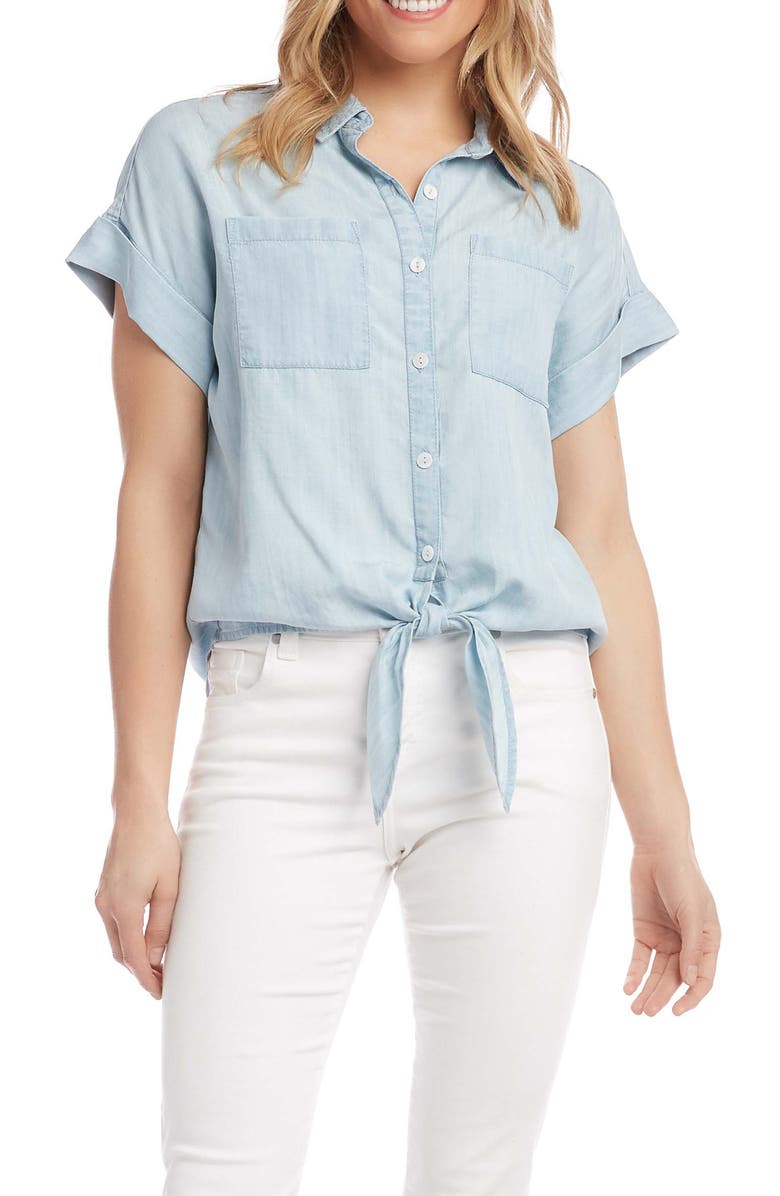 Karen Kane Tie Front Chambray Button-Up Shirt, Main, color, 