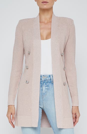 L'AGENCE Noe Metallic Double Breasted Rib Cardigan | Nordstrom