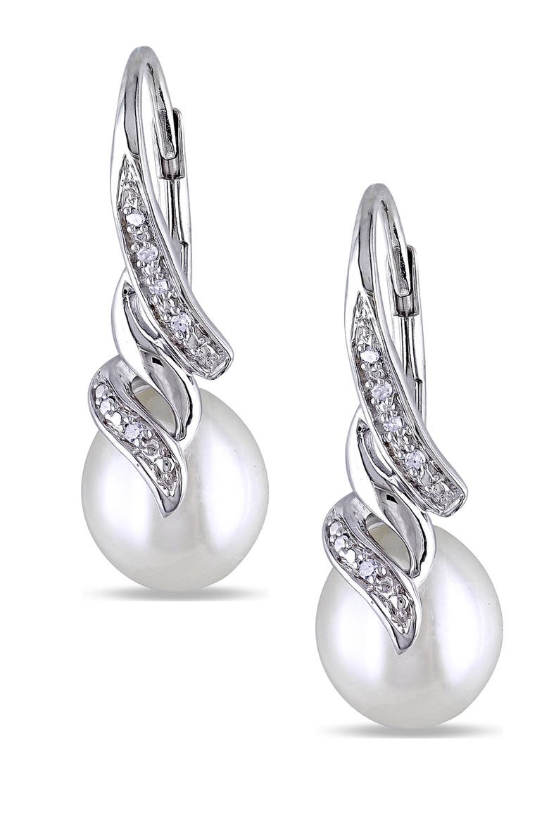 Sterling Silver Diamond & 9.2mm Freshwater Pearl Earrings, Main, color, white