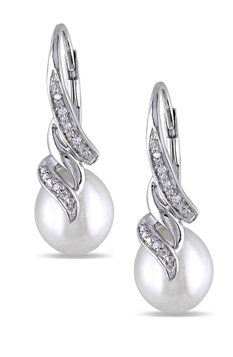 DELMAR Sterling Silver Diamond & 9.2mm Freshwater Pearl Earrings, Main, color, 