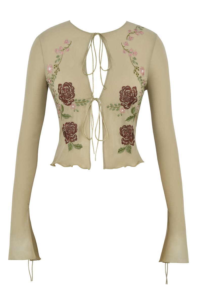 HOUSE OF CB Asra Floral Embroidered Tie Front Mesh Top, Alternate, color, 