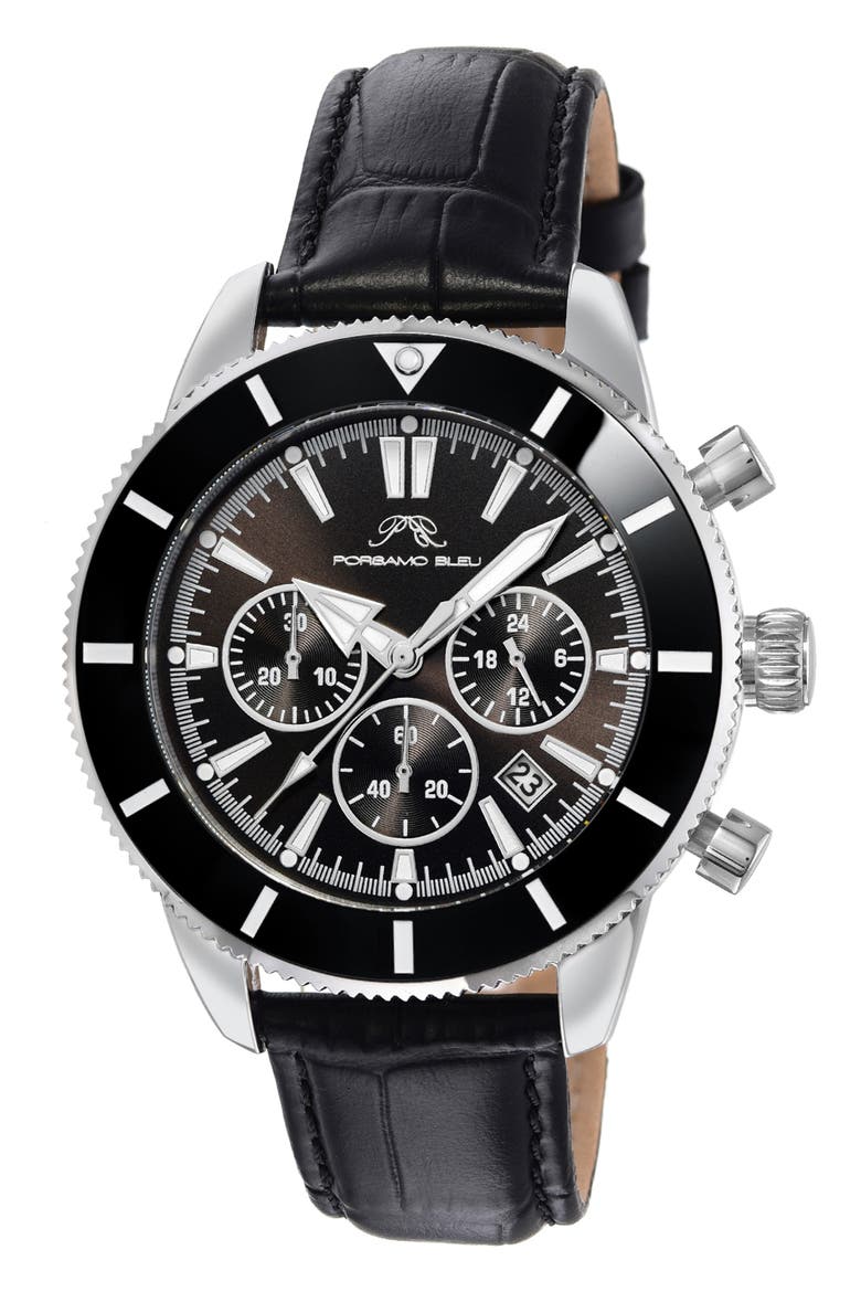 Brandon Leather Strap Chronograph, 44mm, Main, color, BLACK