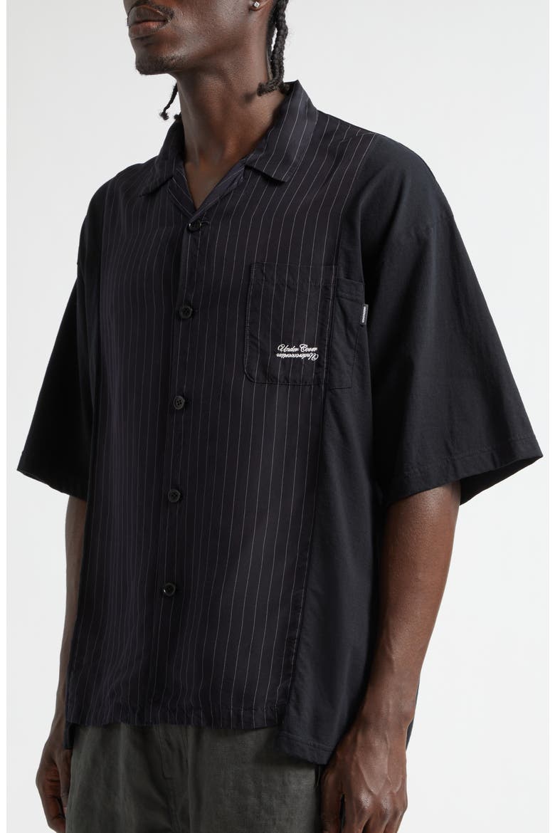 Mixed Media Pinstripe Short Sleeve Button-Up Shirt, Alternate, color, NAVY STRIPE