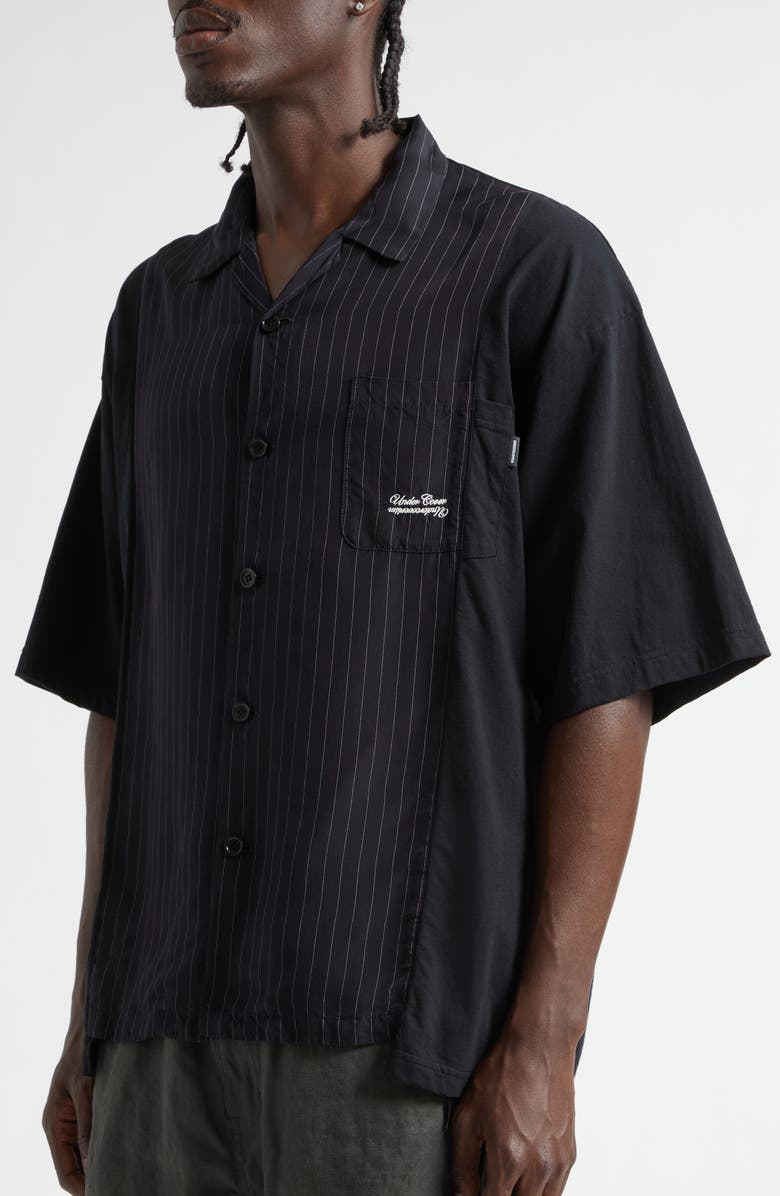 Undercover Mixed Media Pinstripe Short Sleeve Button-Up Shirt, Alternate, color, Navy Stripe