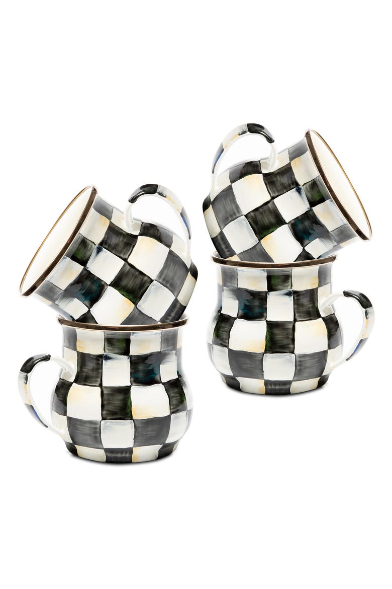 Courtly Check Set of 4 Enameled Steel Mugs, Alternate, color, BLACK/ WHITE