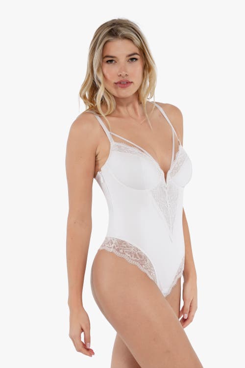 Popilush Shapewear Strappy Tummy Control Lace Inset Bodysuit In Pearl White