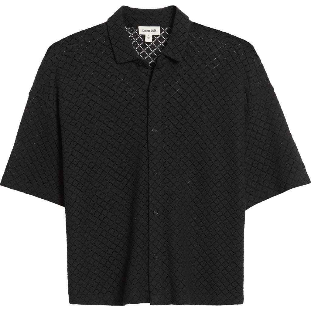 Open Edit Oversize Texture Short Sleeve Button-up Shirt In Black Caviar