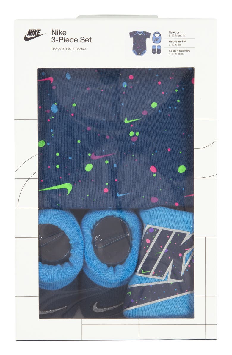 Nike Swoosh Party Bodysuit, Bib & Booties Set, Alternate, color, Midnight Navy