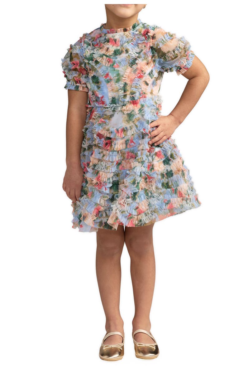 Mac Duggal Floral Mesh Ruffle Puff Sleeve Kids Dress, Main, color, Blue Multi