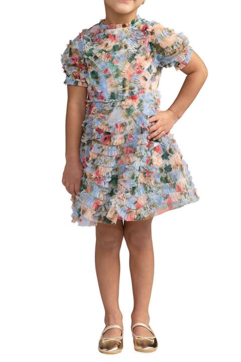 Floral Mesh Ruffle Puff Sleeve Kids Dress