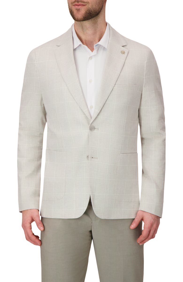 Report Collection Two Button Linen Blend Stretch Plaid Jacket, Main, color, Stone