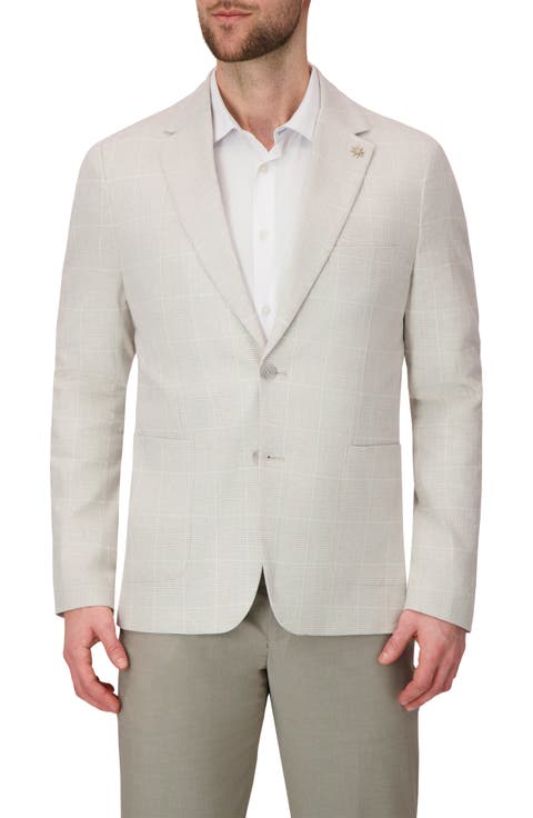 Two Button Linen Blend Stretch Plaid Jacket