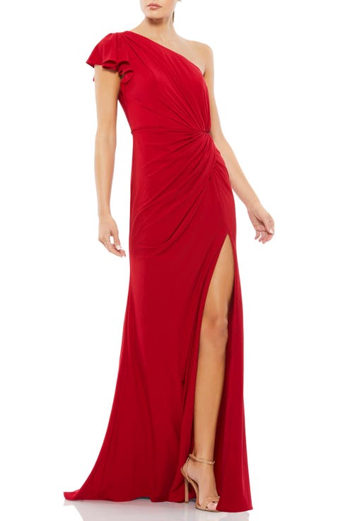 Asymmetric One-Shoulder Jersey Gown with Ruffle Sleeve and Thigh-High Slit