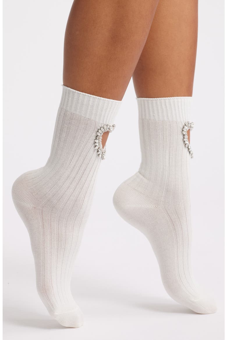 Crystal Heart Cutout Crew Socks, Main, color, WHITE