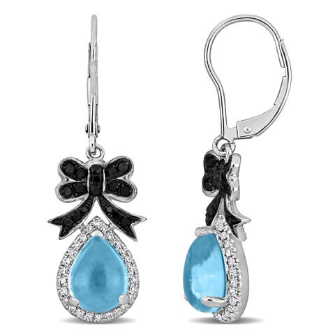 Blue Topaz & Diamond Bow Ribbon Earrings 14K