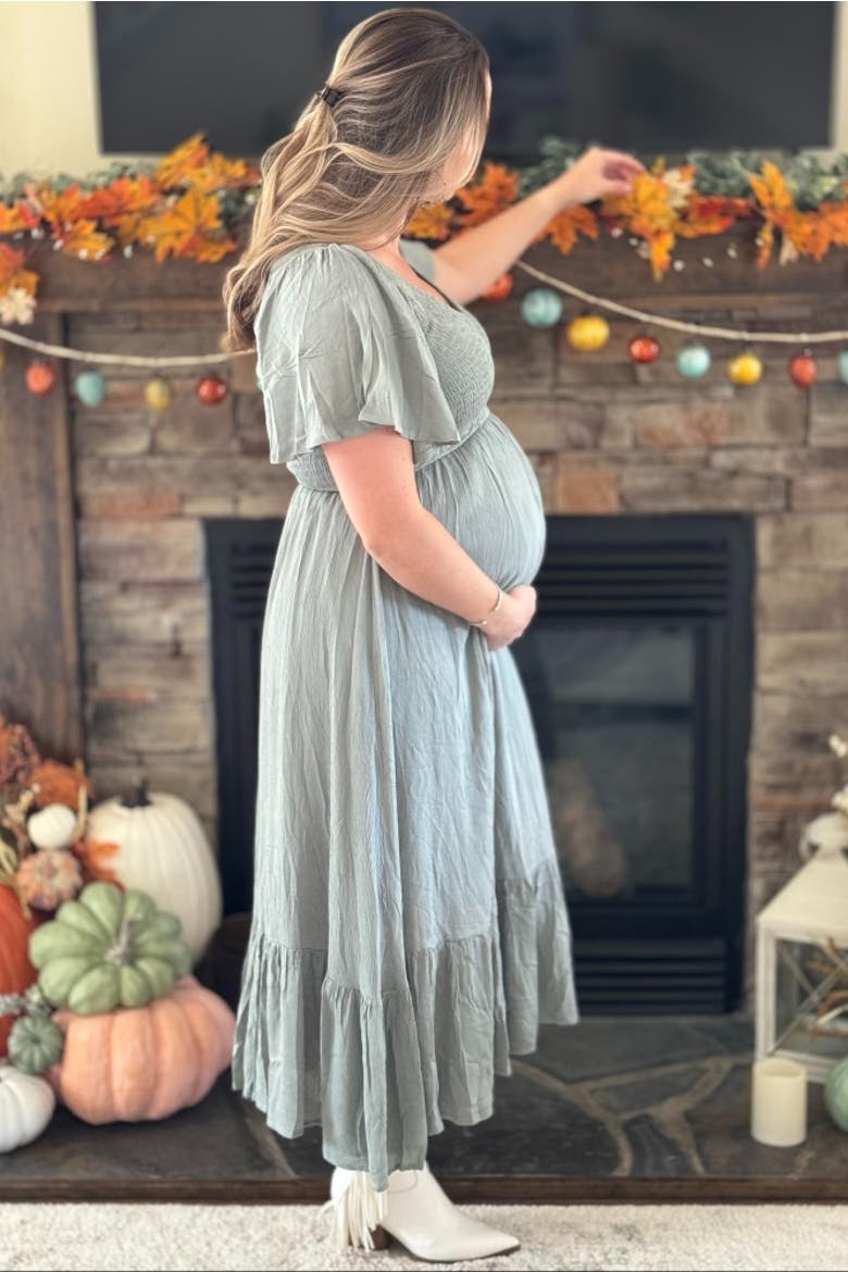 Smocked V-Neck Midi Dress, Alternate, color, Olive Green