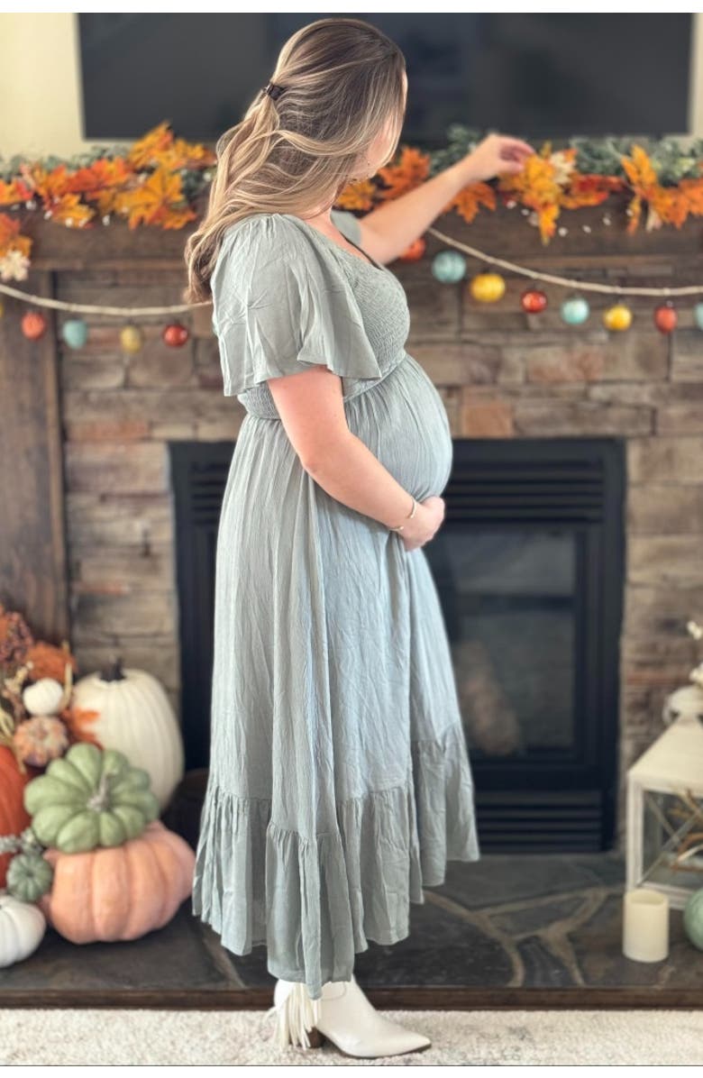 PinkBlush Smocked V-Neck Midi Dress, Alternate, color, Olive Green