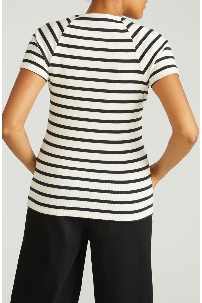 Carey Stripe V-Neck Cotton Rib Top, Alternate, color, ECRU/ BLACK STRIPE