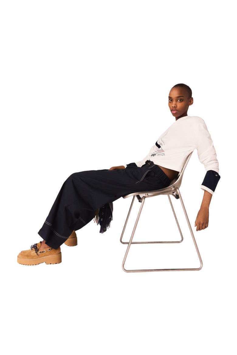 Cotton trousers with leather belt, Alternate, color, Navy