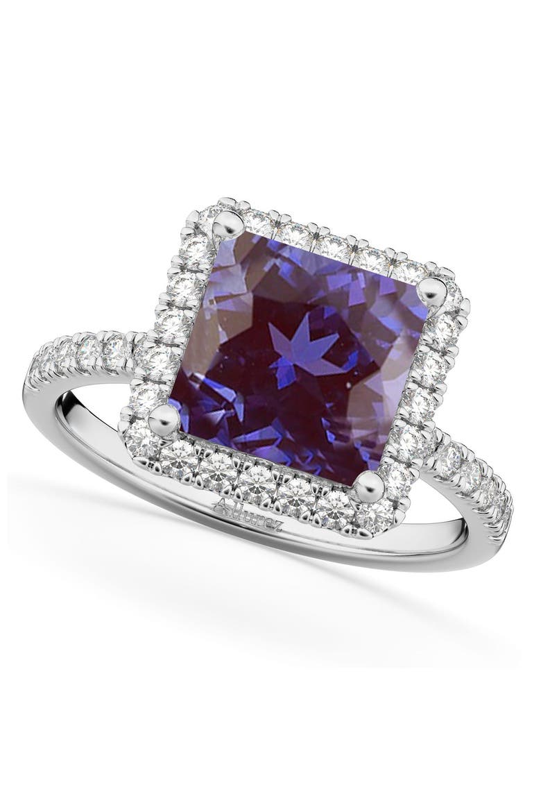 Princess Cut Halo Lab Alexandrite & Diamond Engagement Ring 14K, Main, color, 3.47ct/White Gold