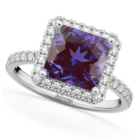 Princess Cut Halo Lab Alexandrite & Diamond Engagement Ring 14K