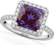 ALLUREZ Princess Cut Halo Lab Alexandrite & Diamond Engagement Ring 14K