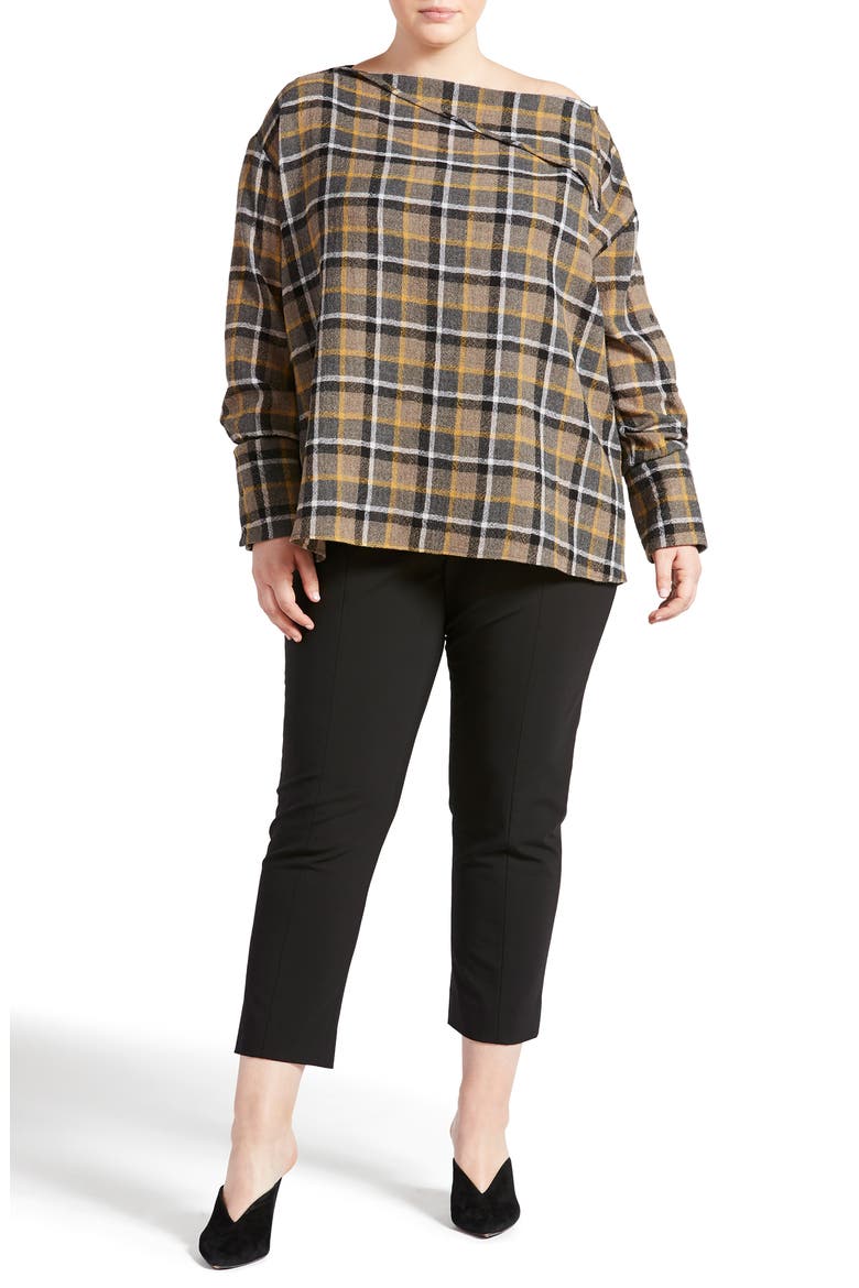 Plaid Wool Gauze Button Shoulder Top, Alternate, color, YELLOW MULTI