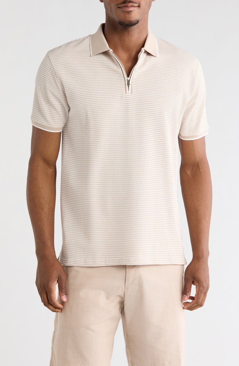 DENIM AND FLOWER Textured Horizontal Stripe Quarter Zip Knit Polo, Main, color, Sand