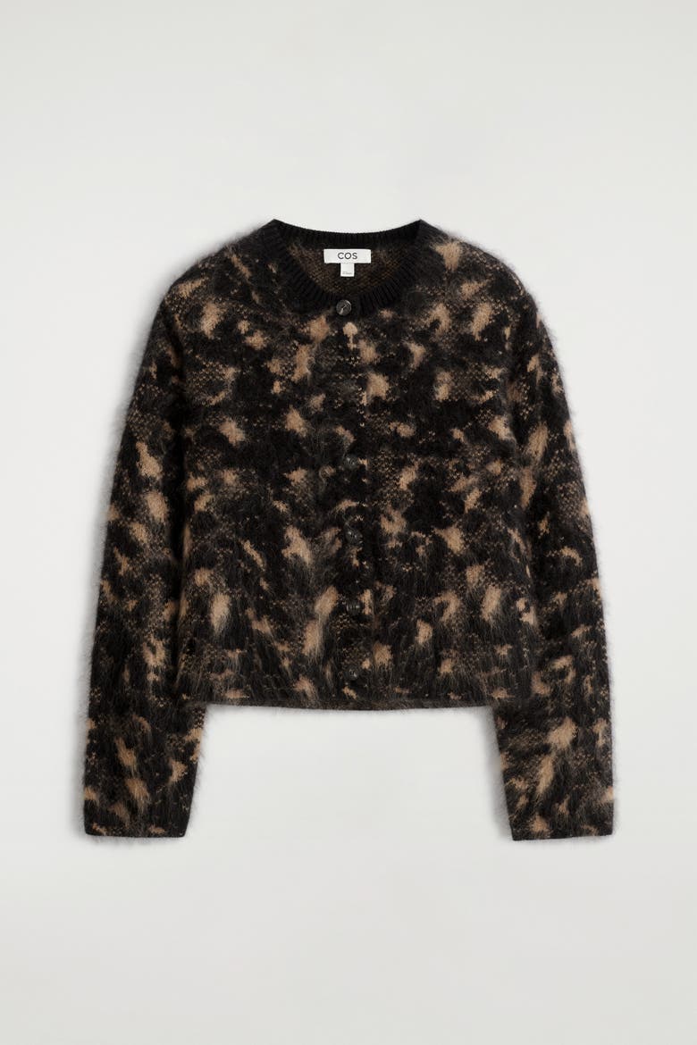 Animal-jacquard Merino Wool Cardigan, Alternate, color, BLACK / BROWN